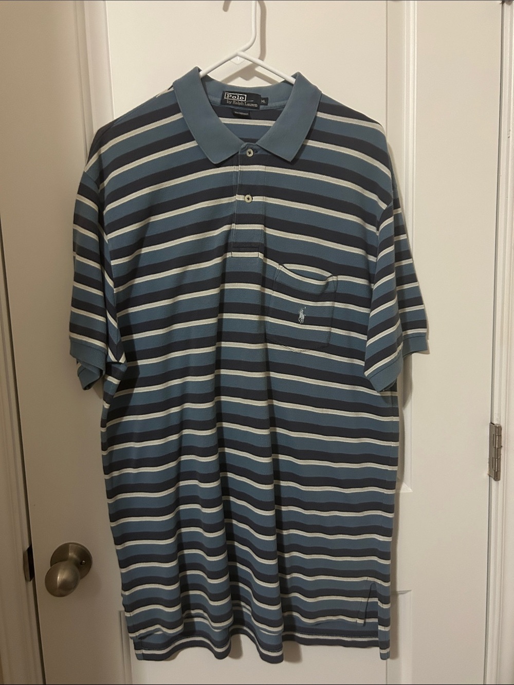 Polo by Ralph Lauren Blue and Light Gray Striped Pocket Polo